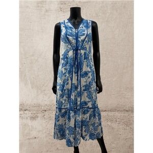 Entro Blue White Floral Midi Dress Tie Back Sleeveless Boho Size S NWOT